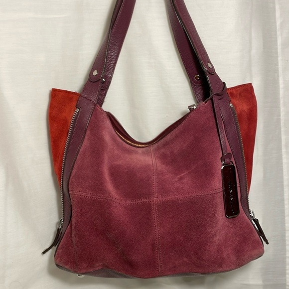 Tignanello Handbags - ⬇️Tignanello Suede/Leather Cranberry Hobo Shoulder Bag Red Suede Zip Side Accent